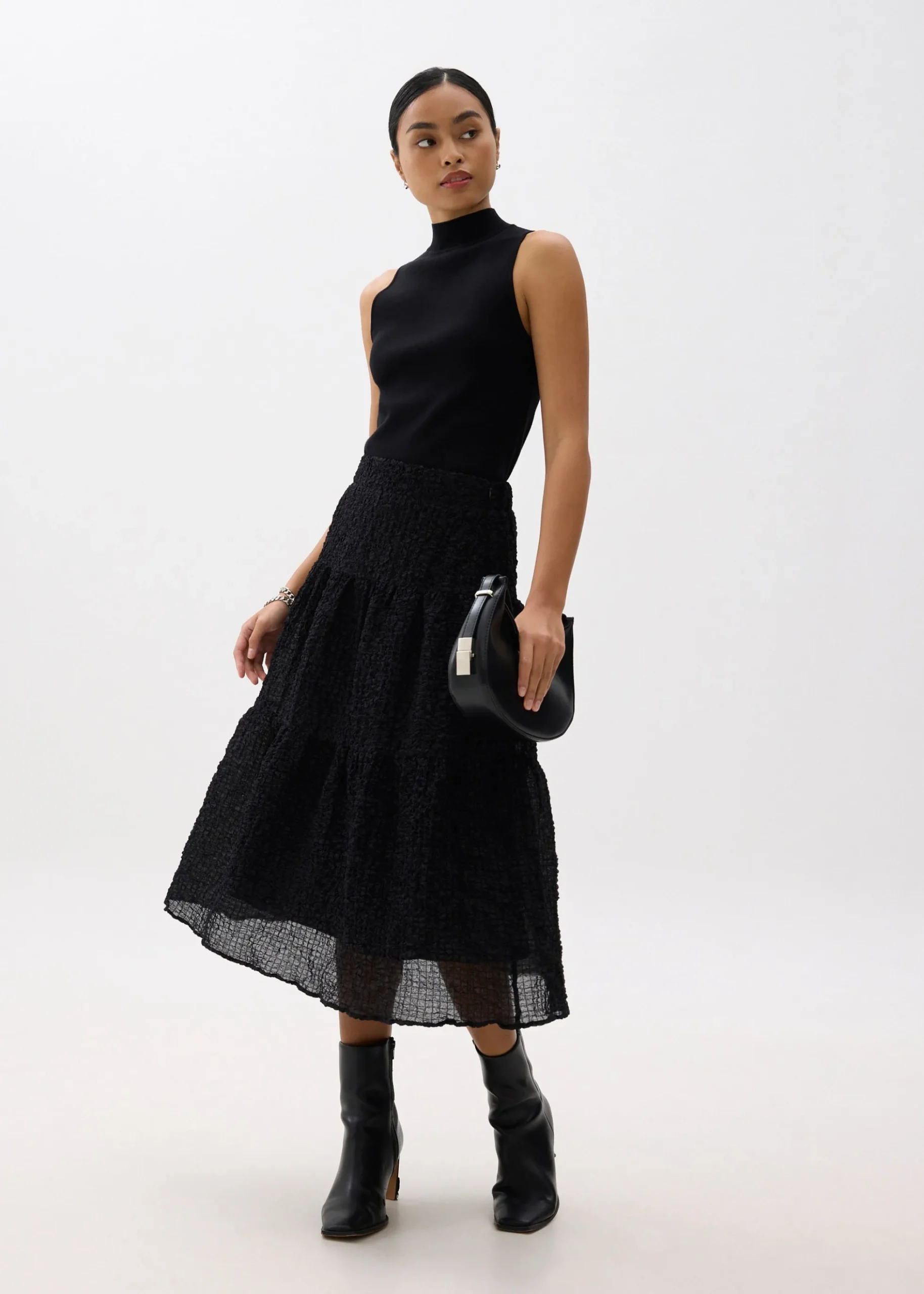 High Waist Crinkled Tiered Flare Midi Skirt