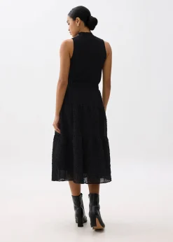 High Waist Crinkled Tiered Flare Midi Skirt