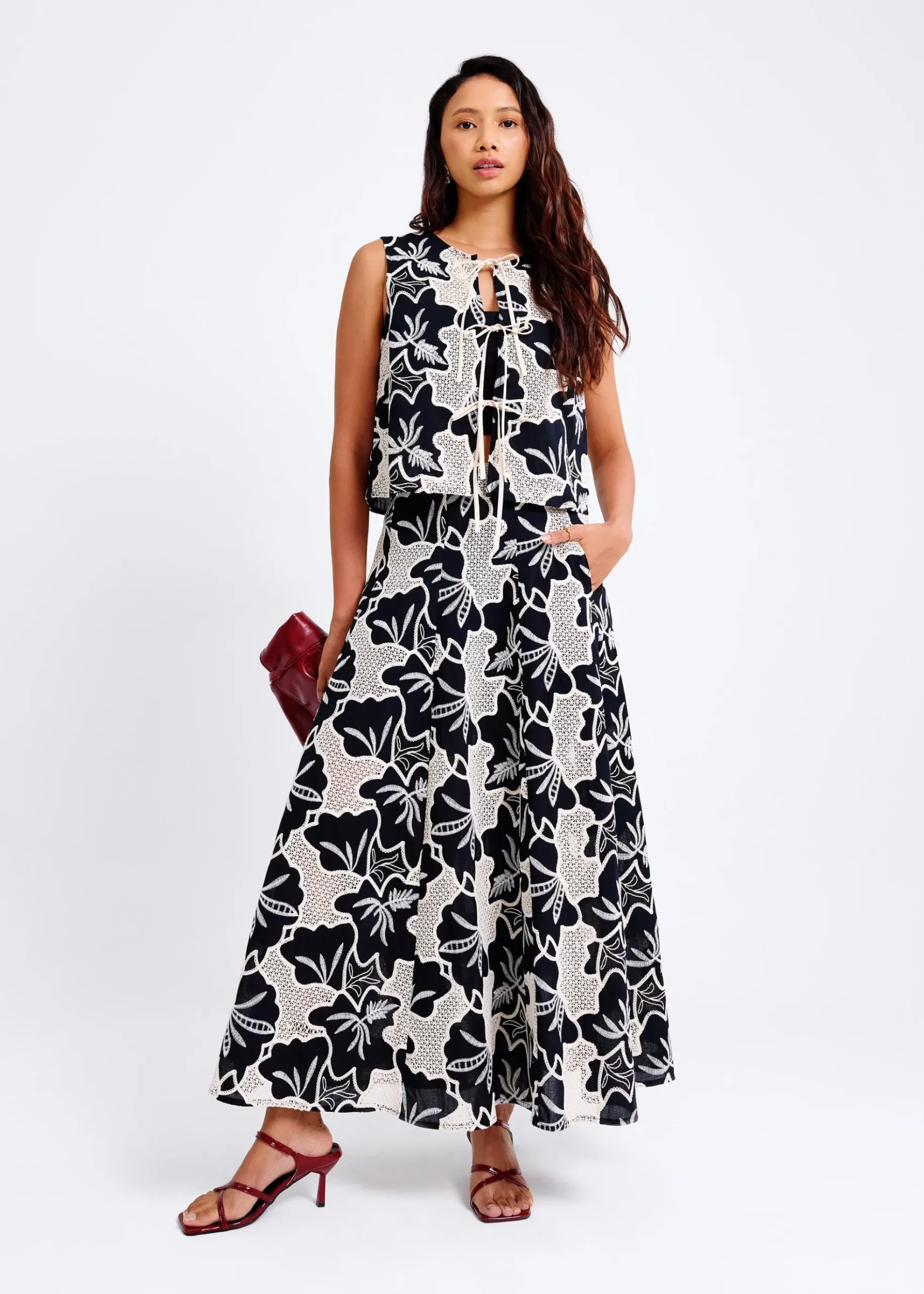 High Waist Flare Maxi Skirt in Midnight Blooms Broderie