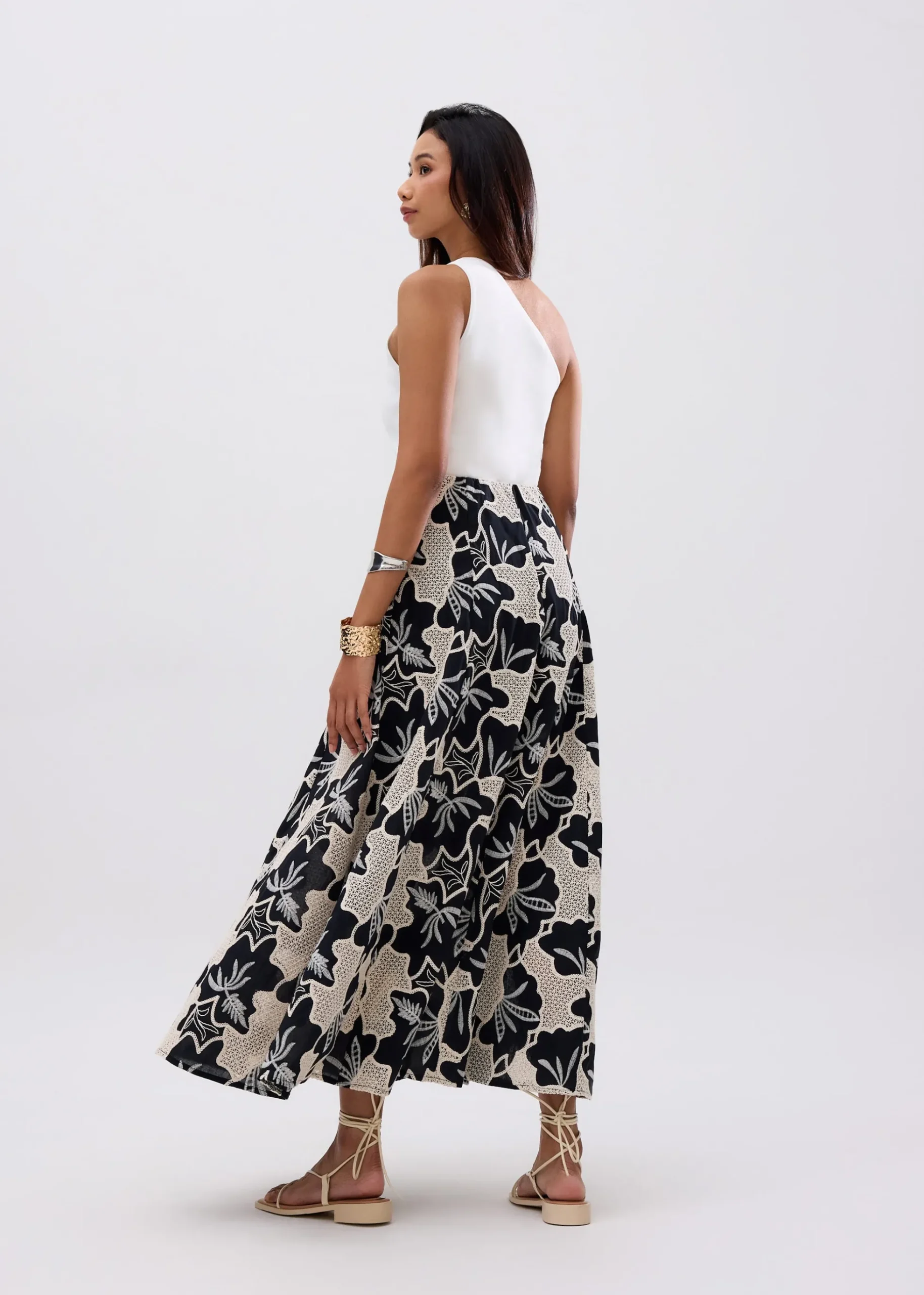 High Waist Flare Maxi Skirt in Midnight Blooms Broderie