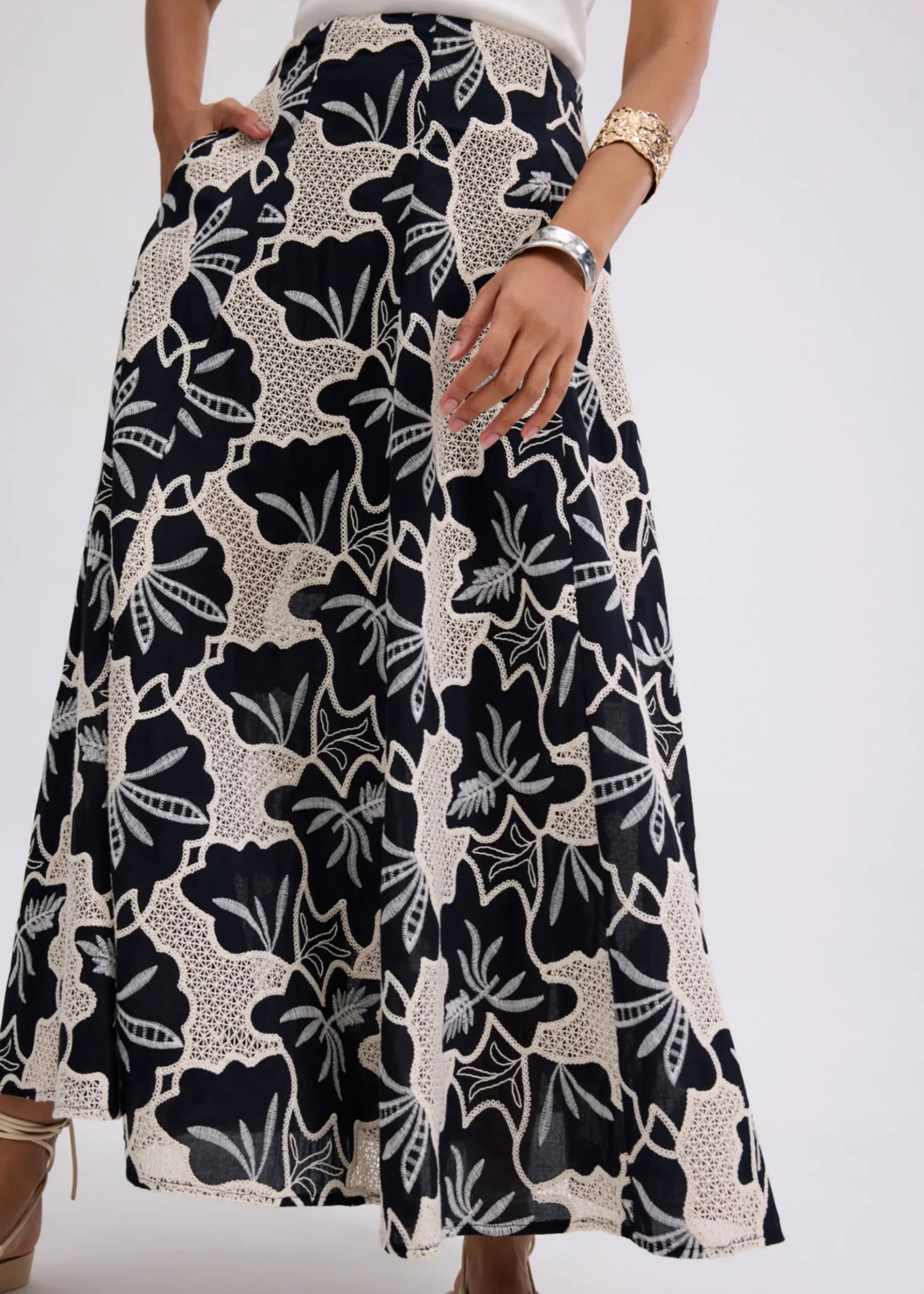 High Waist Flare Maxi Skirt in Midnight Blooms Broderie