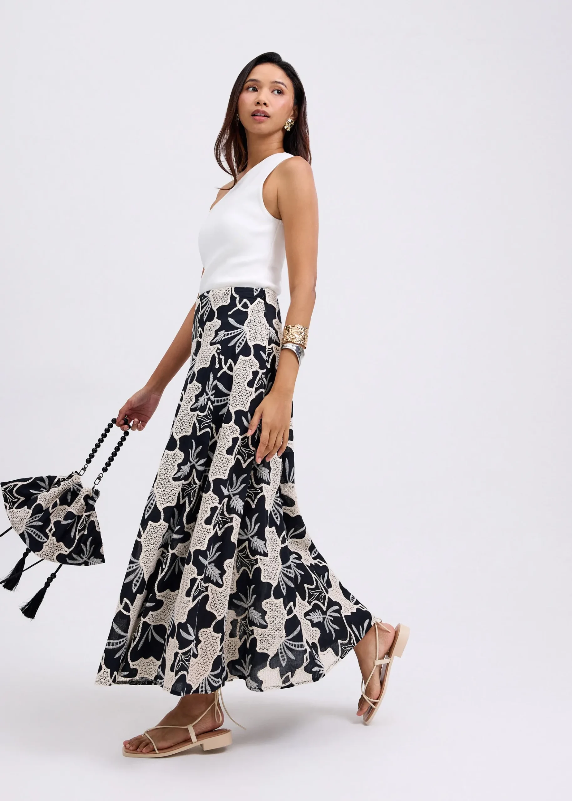 High Waist Flare Maxi Skirt in Midnight Blooms Broderie
