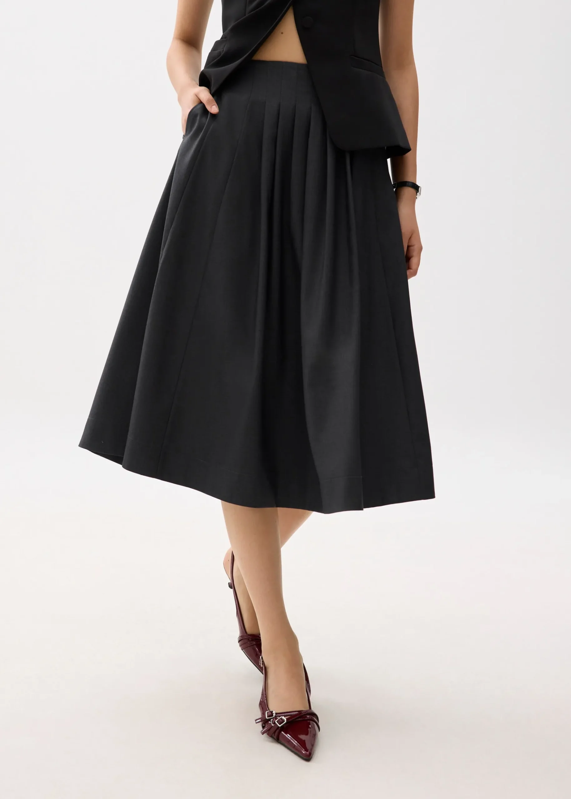 High Waist Pleated Flare Midi Skirt