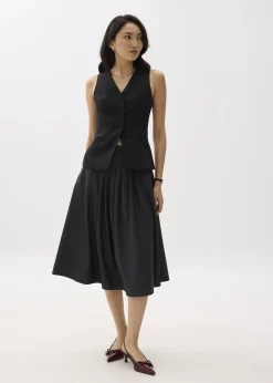 High Waist Pleated Flare Midi Skirt