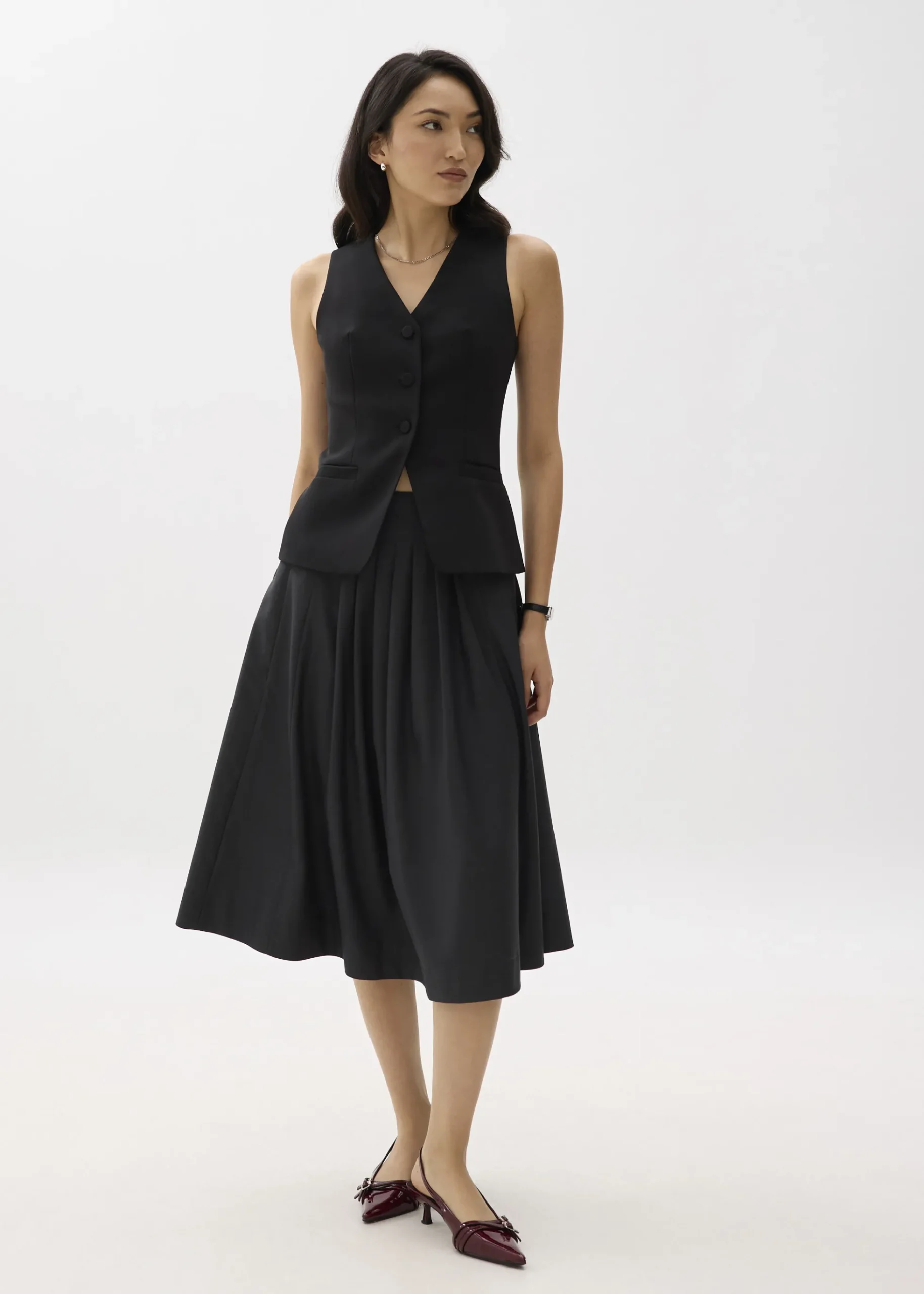 High Waist Pleated Flare Midi Skirt