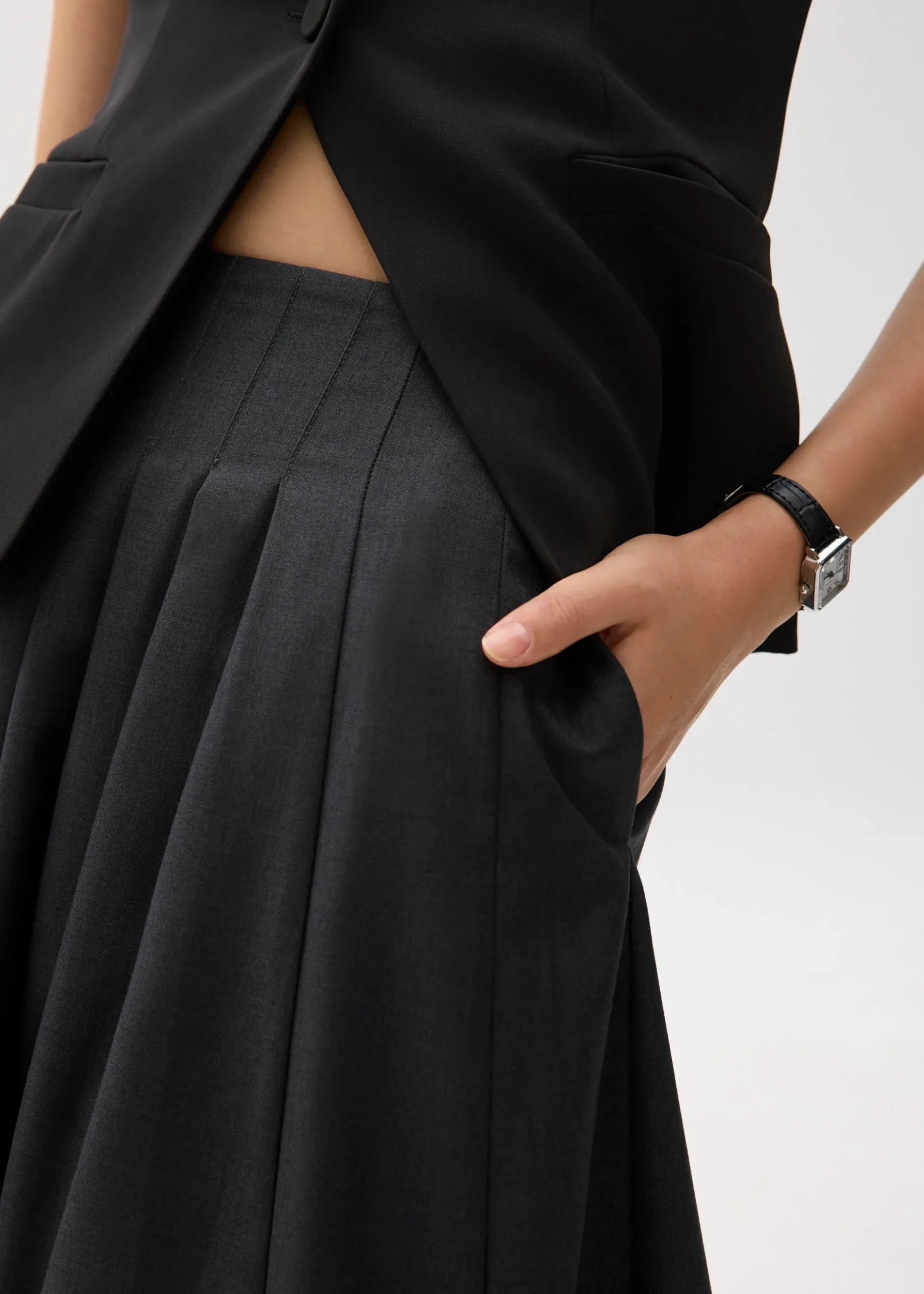 High Waist Pleated Flare Midi Skirt