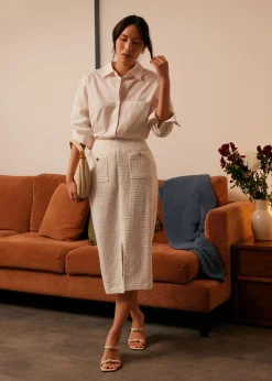 High Waist Tweed Column Midi Skirt