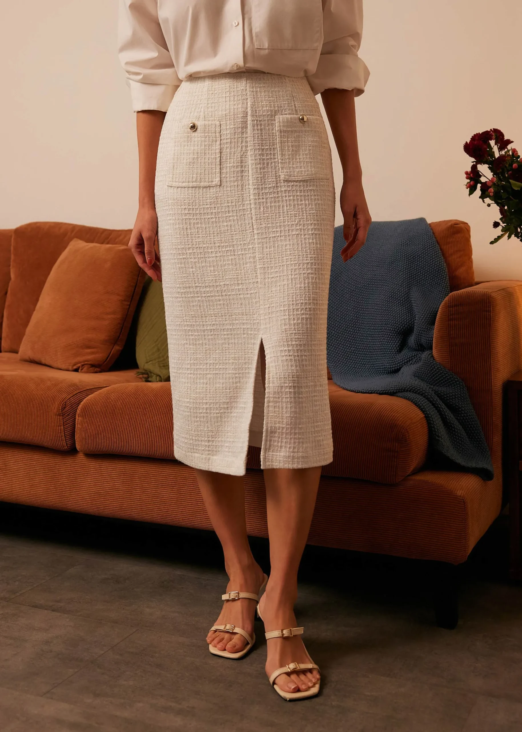 High Waist Tweed Column Midi Skirt