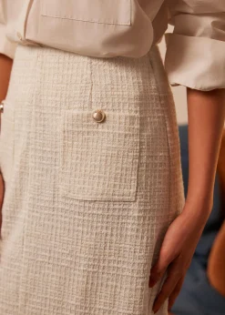 High Waist Tweed Column Midi Skirt