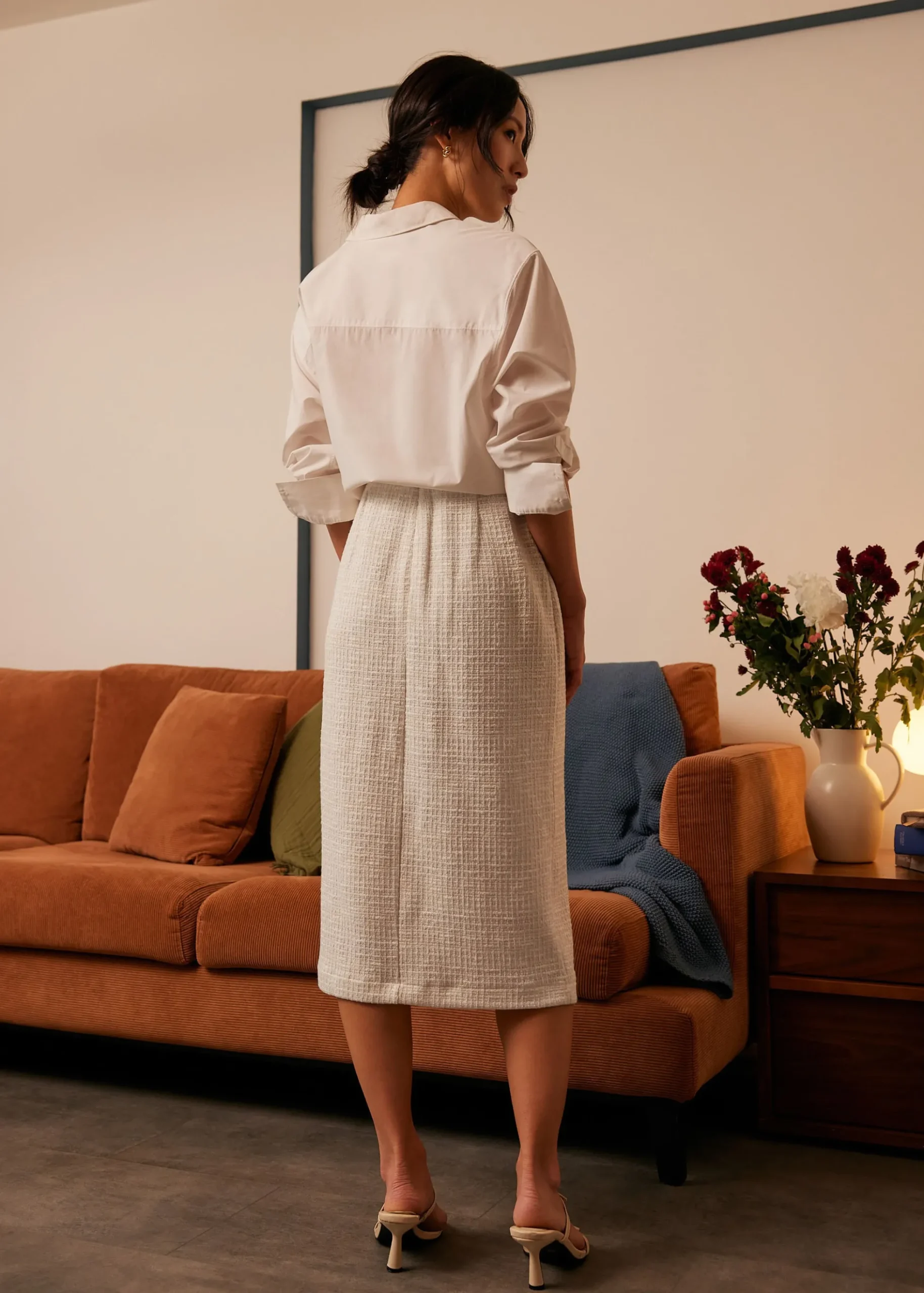 High Waist Tweed Column Midi Skirt