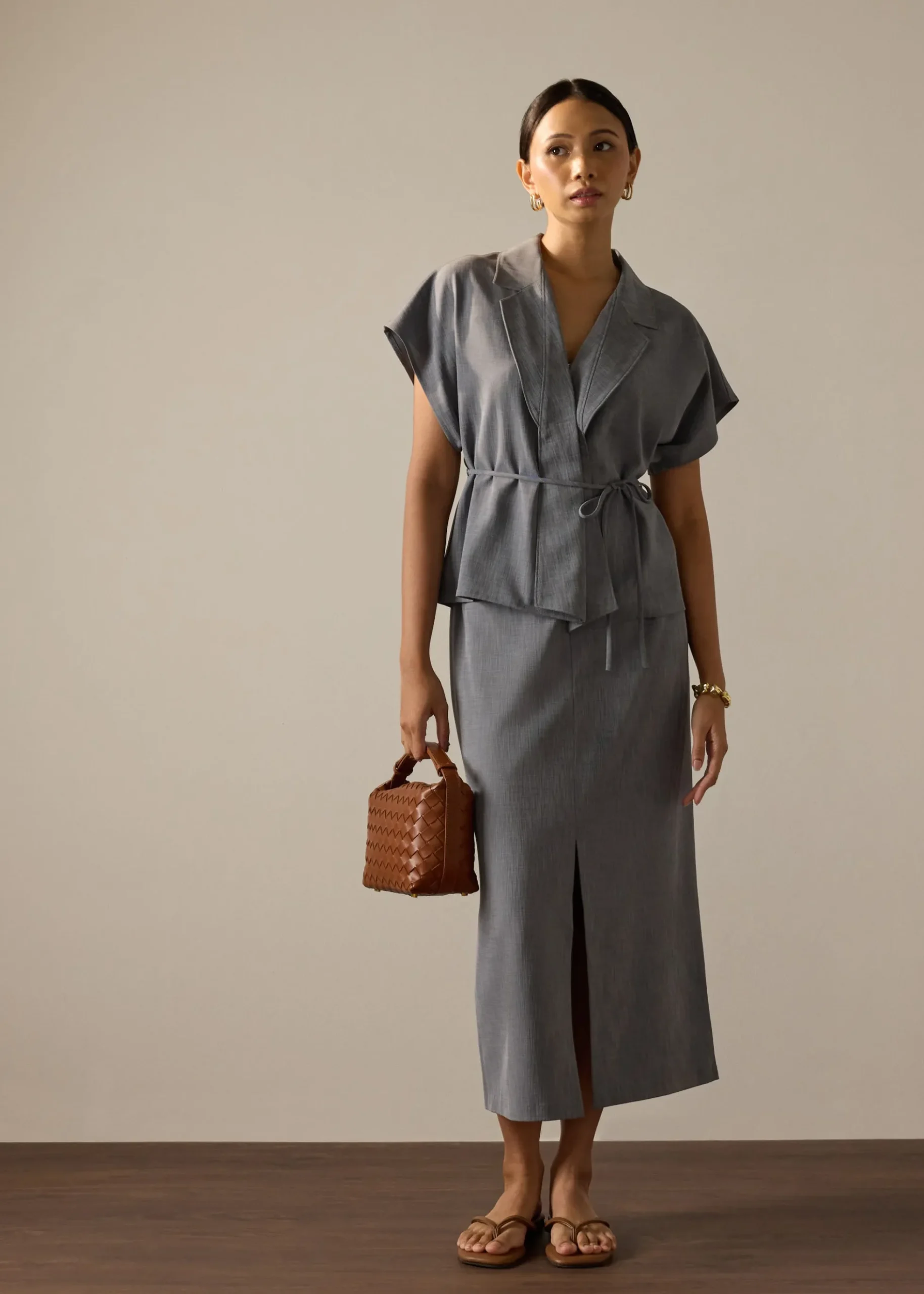 Ikumi Adjustable Waist Melange Column Midaxi Skirt