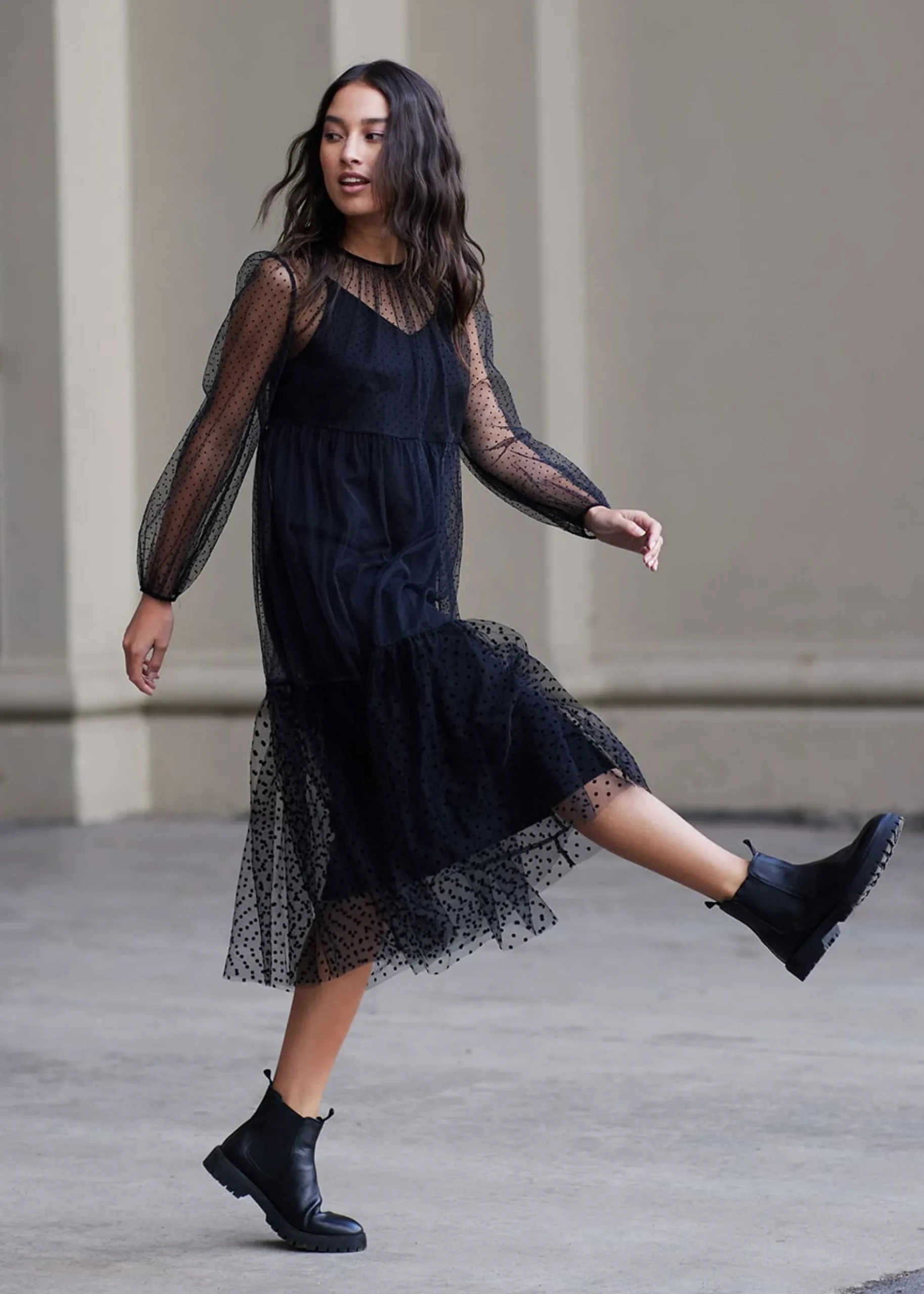 2-in-1 Polka Dot Flare Midaxi Dress