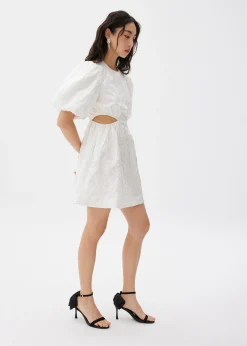 Jacquard Puff Sleeve Fit & Flare Mini Dress