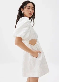 Jacquard Puff Sleeve Fit & Flare Mini Dress