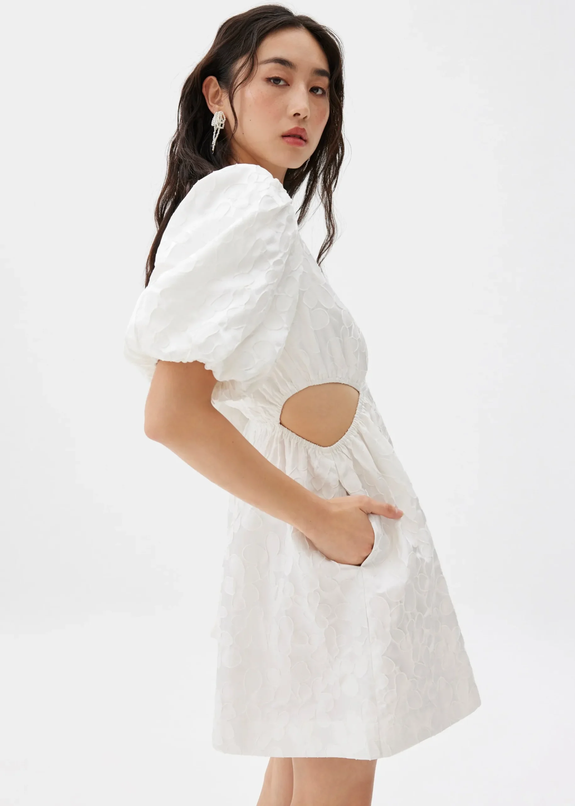 Jacquard Puff Sleeve Fit & Flare Mini Dress