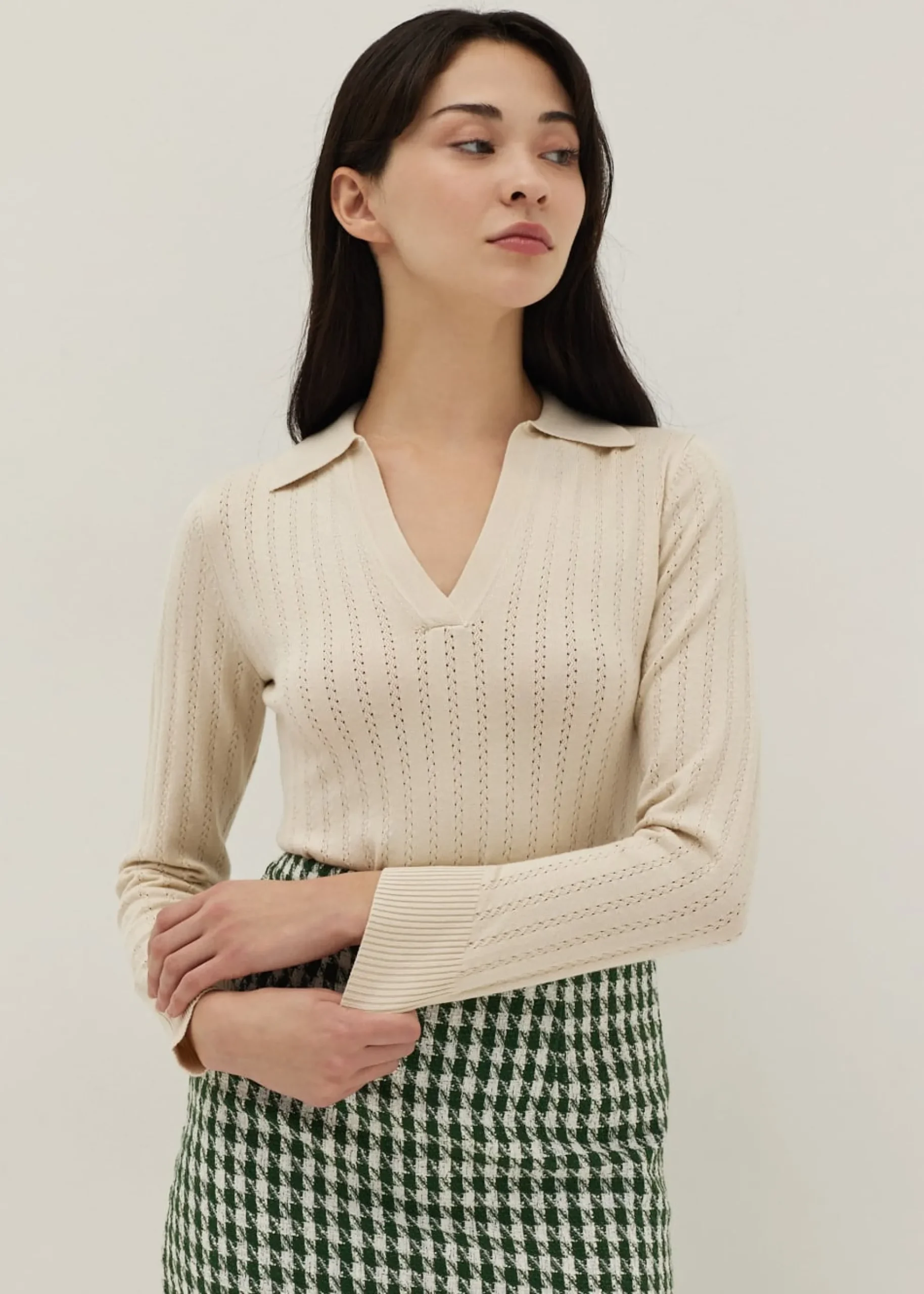 Jodie Pointelle Knit Polo Sweater