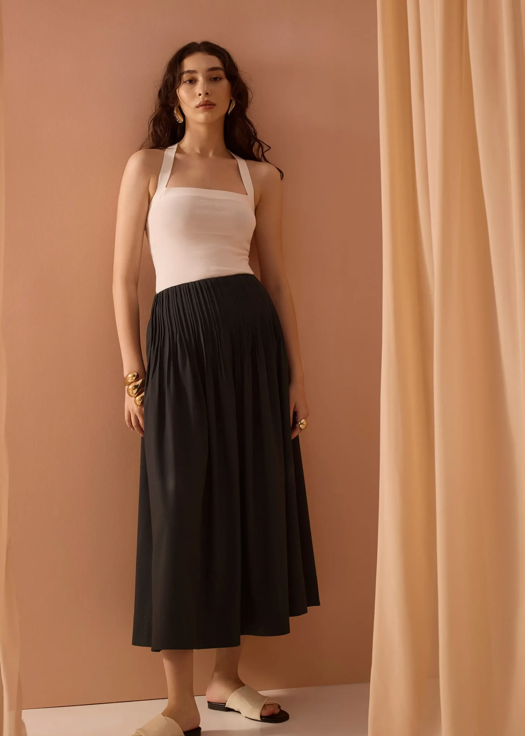 Kate High Waist Pintuck Flare Maxi Skirt