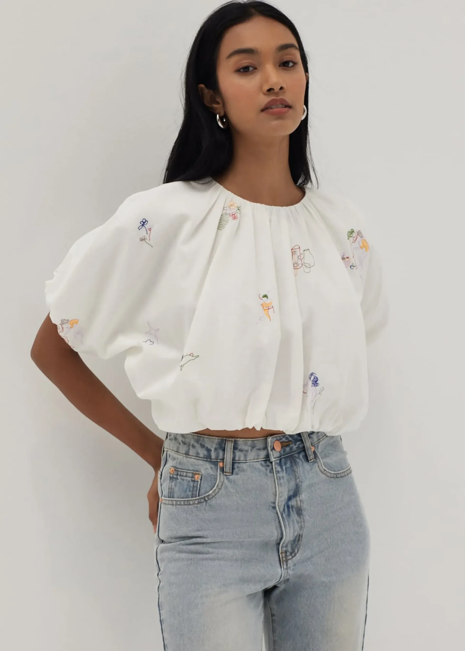 Kimora Embroidered Ruched Top in Humble Abode