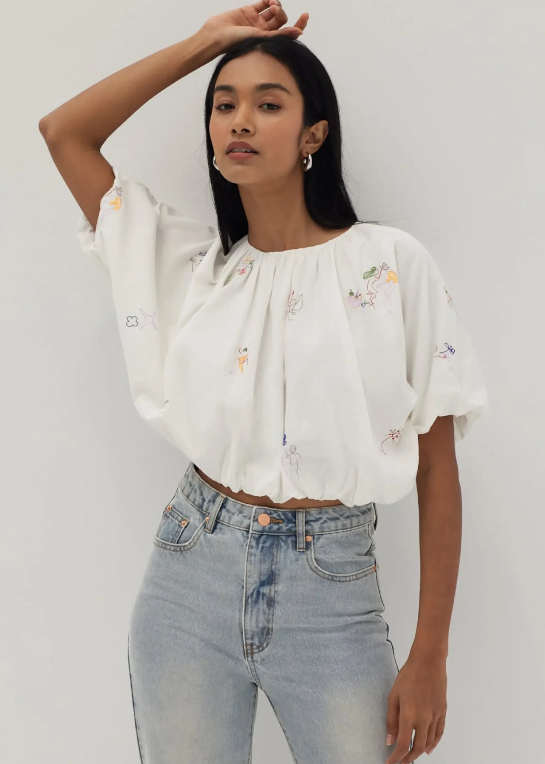 Kimora Embroidered Ruched Top in Humble Abode