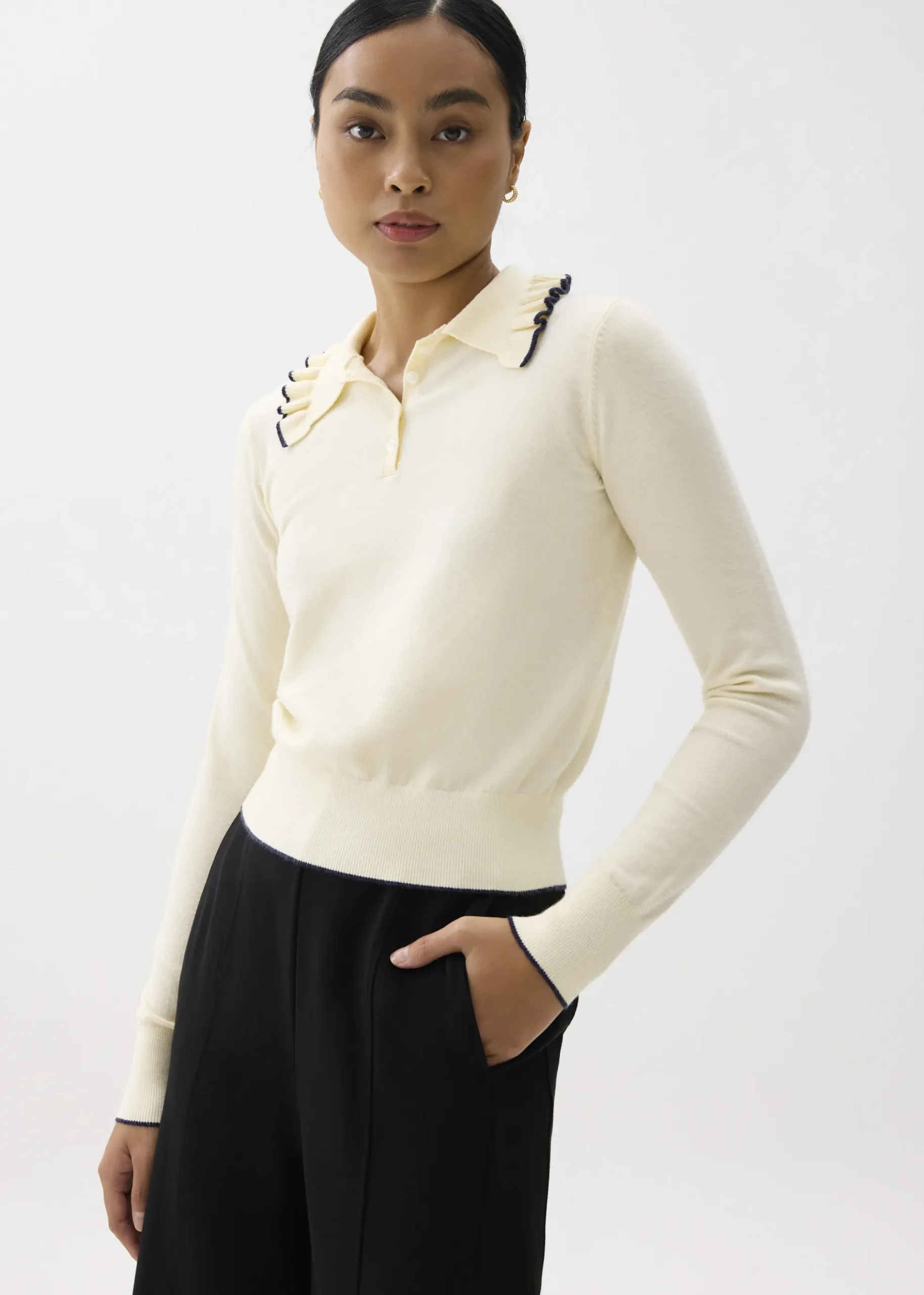 Knit Ruffle Collar Polo Top