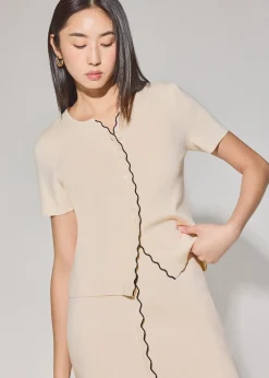 Knit Scallop Edge Fitted Button Down Top