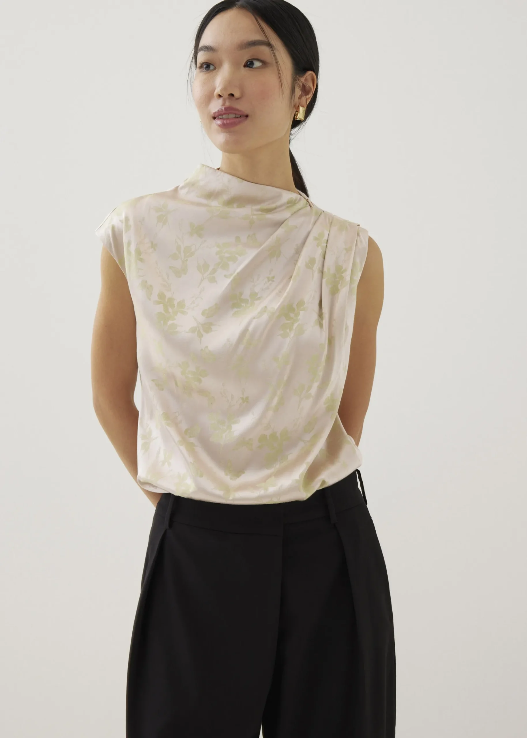 Lanna Asymmetric Satin Drape Top in Opulent Florals