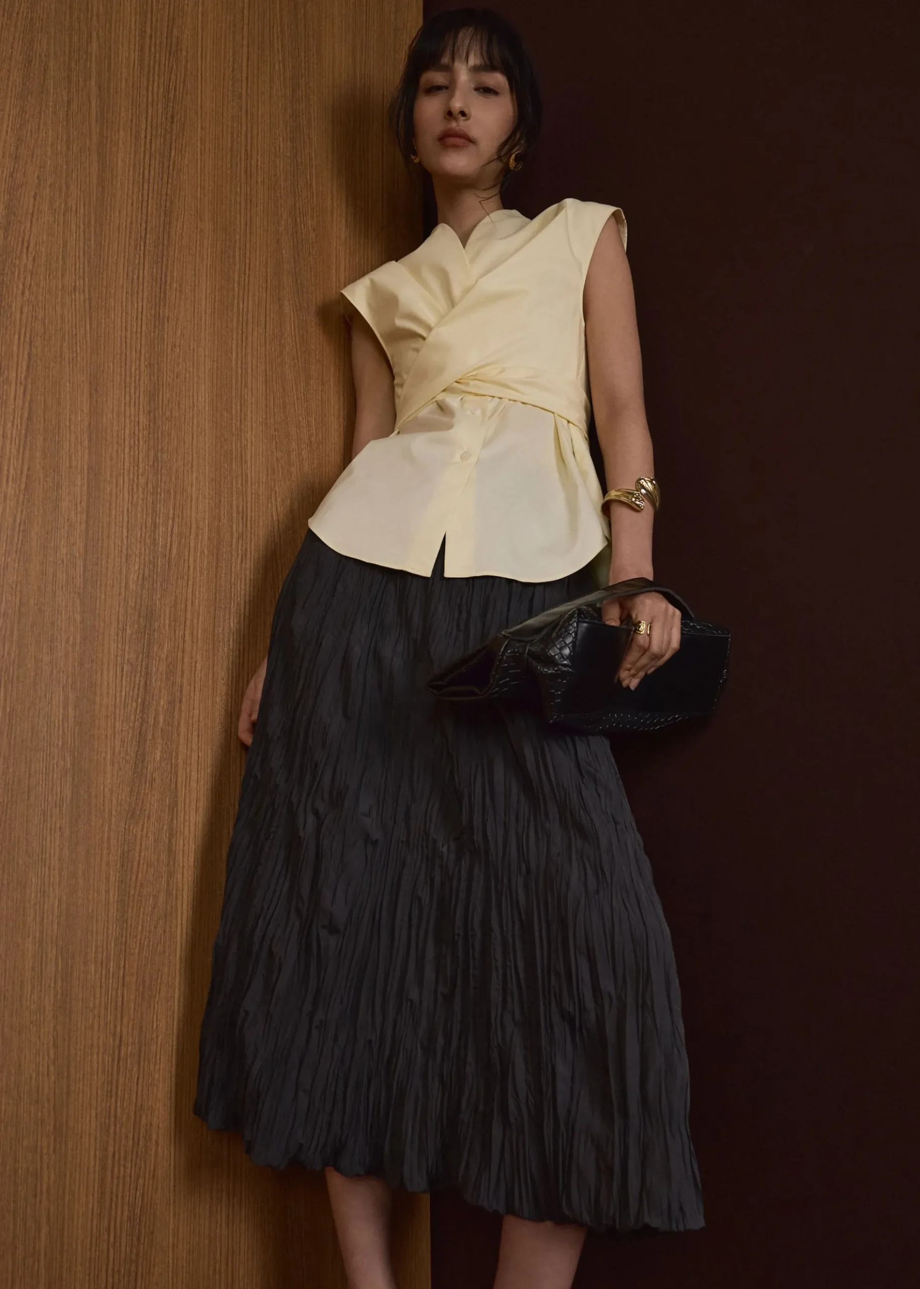Leila Elastic Crinkled Pleats Flare Maxi Skirt