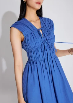 Linen Front Tie Fit & Flare Elastic Midaxi Dress