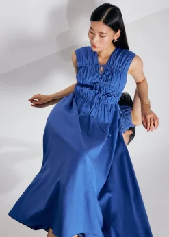 Linen Front Tie Fit & Flare Elastic Midaxi Dress