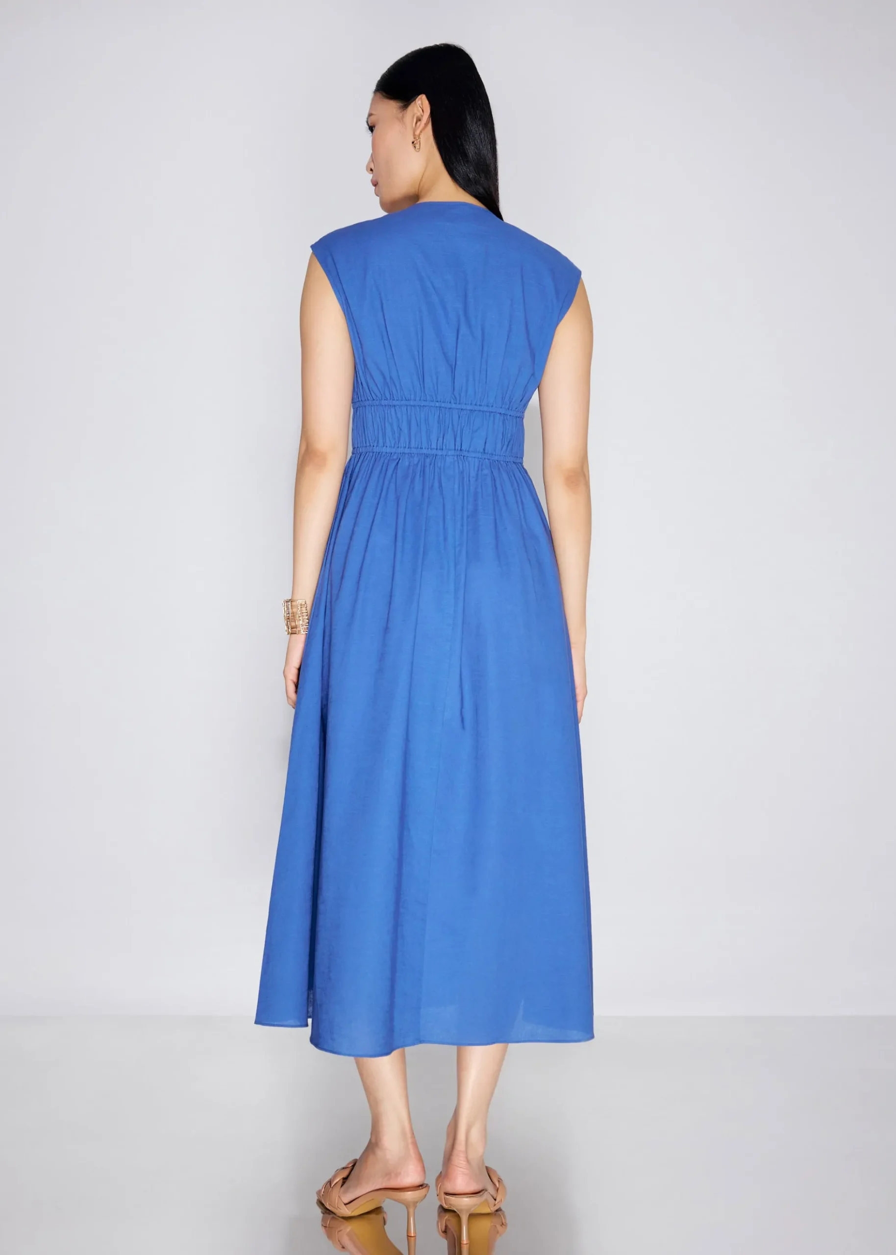 Linen Front Tie Fit & Flare Elastic Midaxi Dress