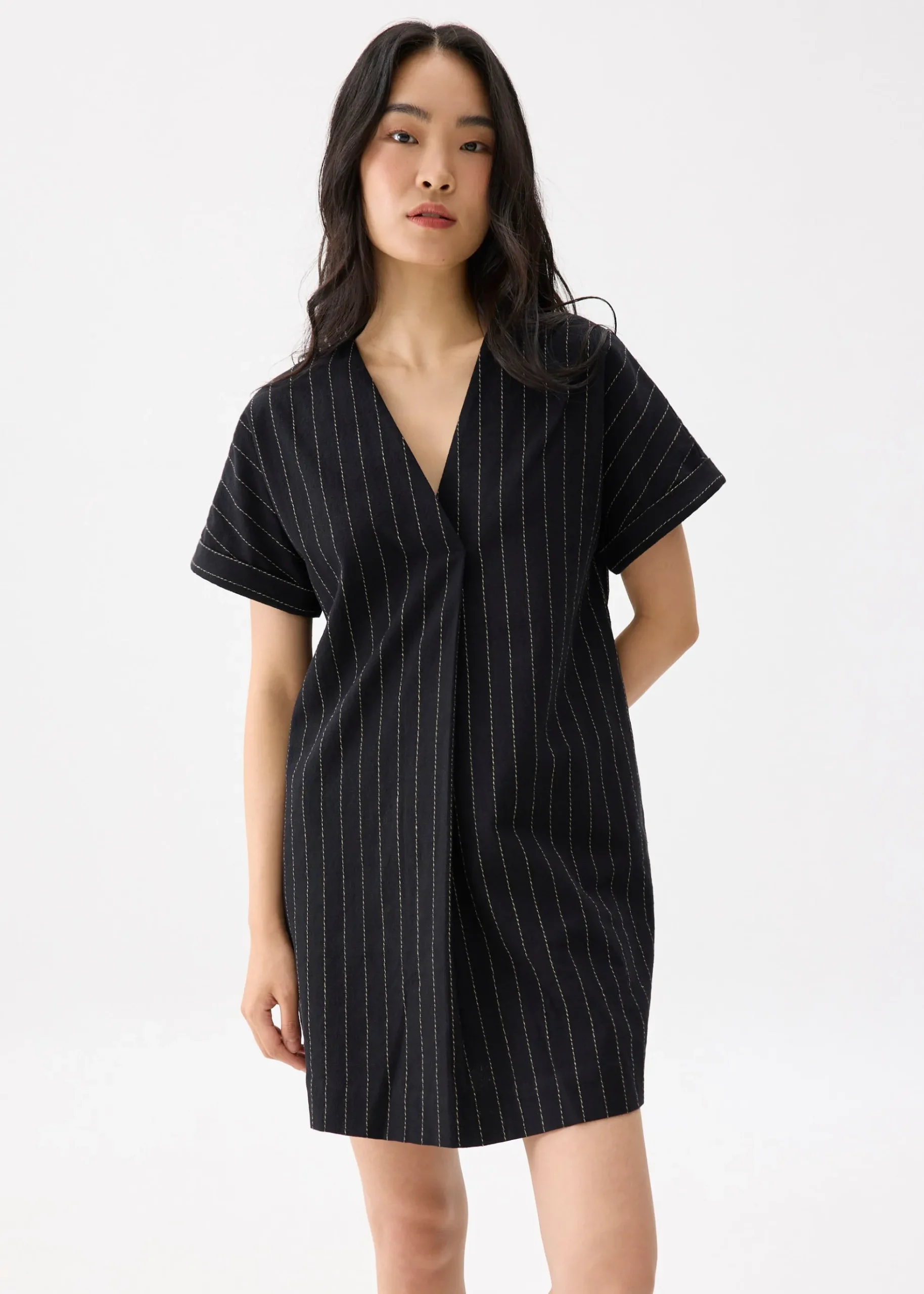 Linen Striped V-neck Shift Mini Dress