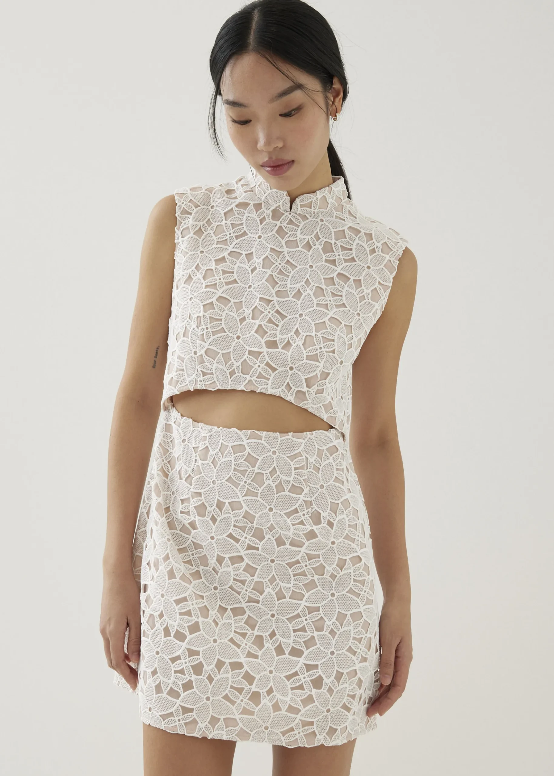 Llana Shoulder Padded Mandarin Collar Mini Dress