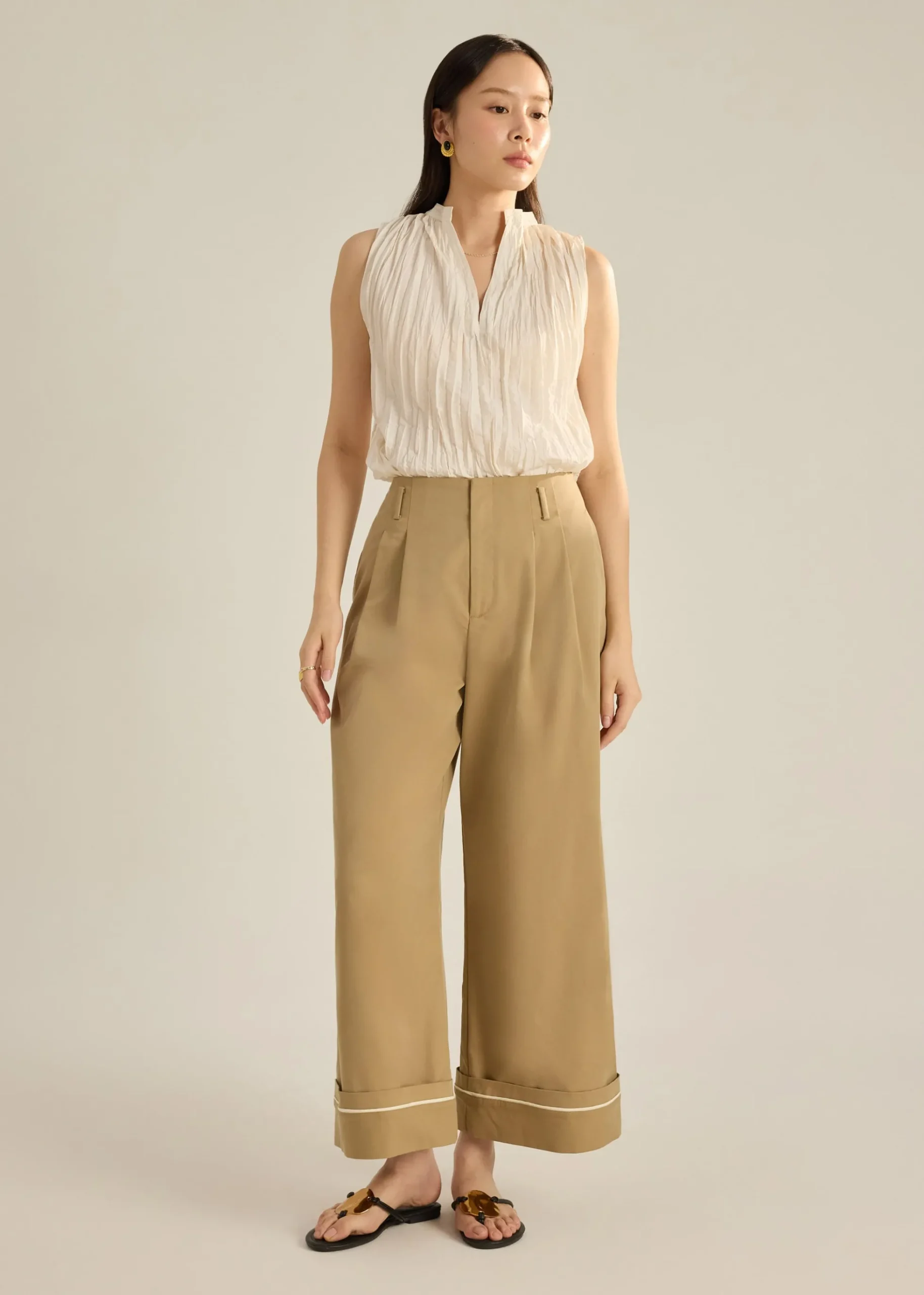 Lyocell Contrast Piping Wide Leg Pants
