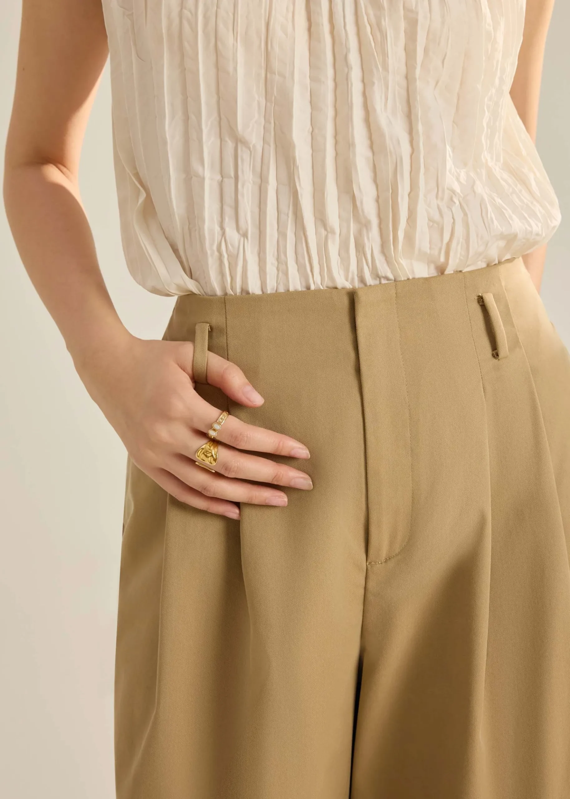 Lyocell Contrast Piping Wide Leg Pants