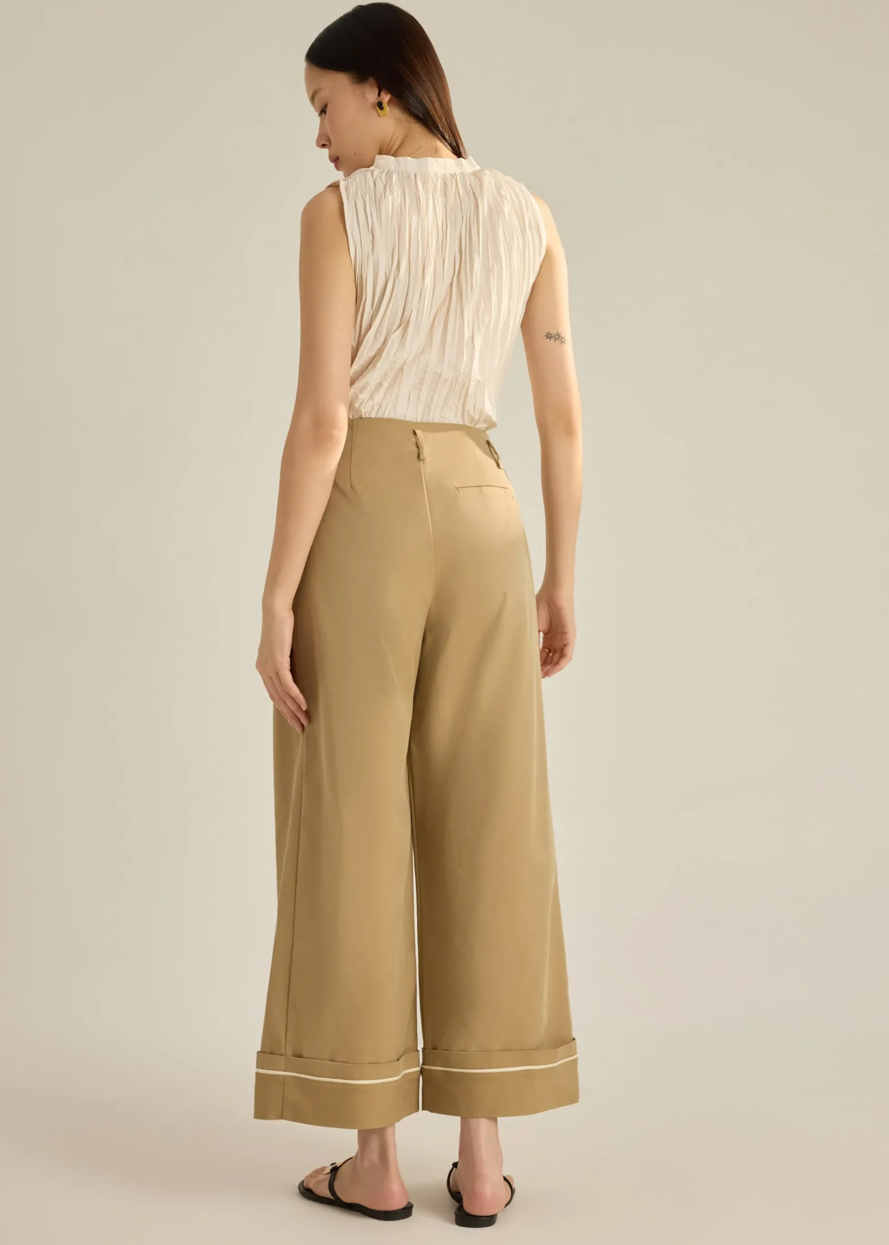 Lyocell Contrast Piping Wide Leg Pants