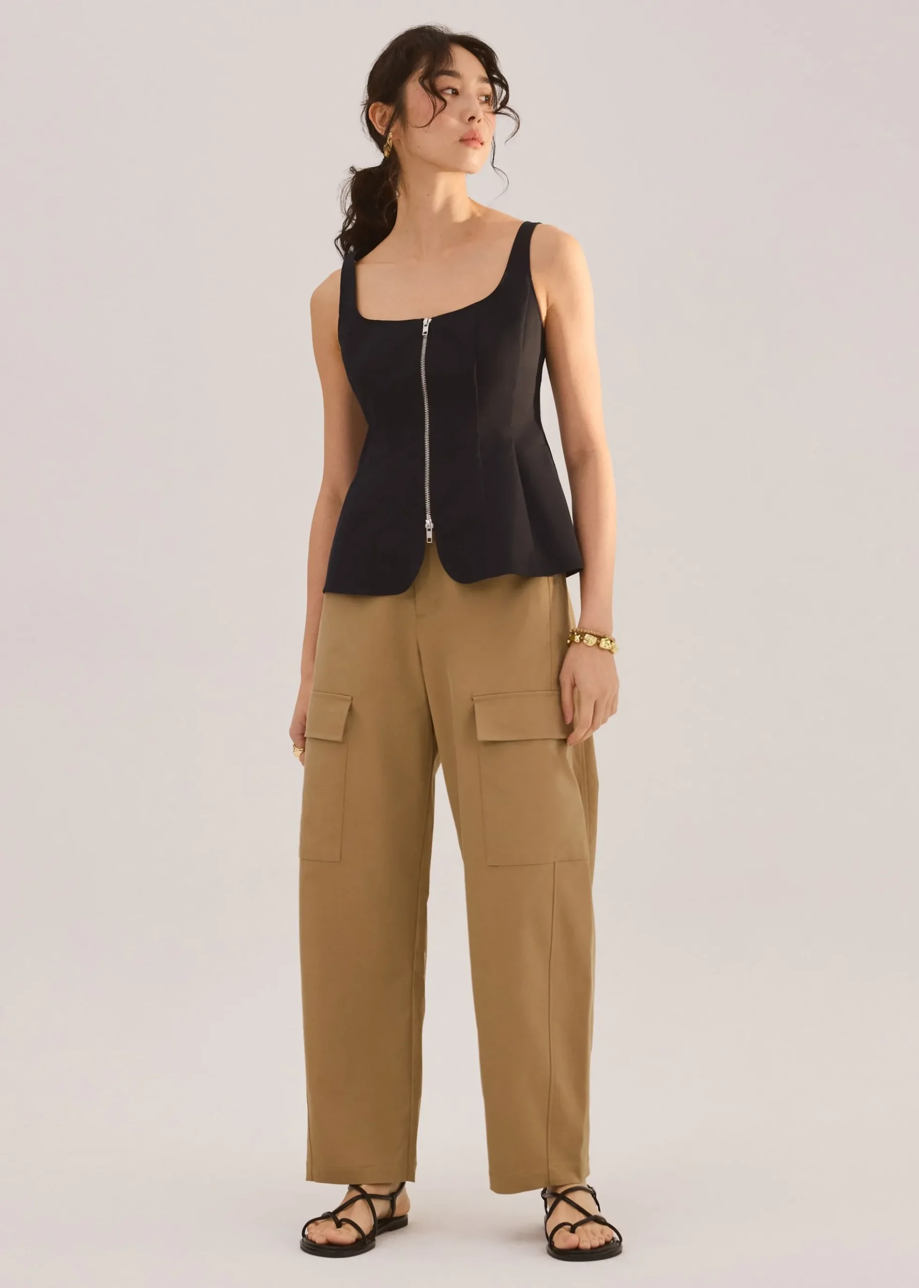 Lyocell Front Zipper Square Neck Fitted Long Top