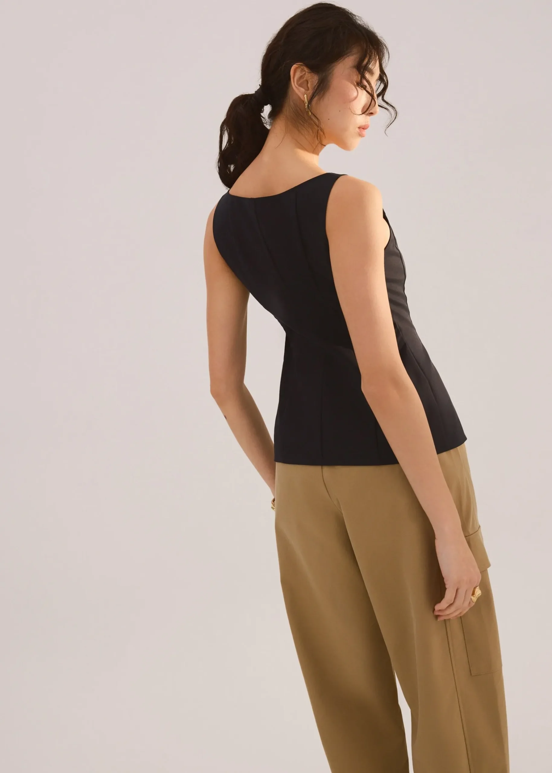Lyocell Front Zipper Square Neck Fitted Long Top
