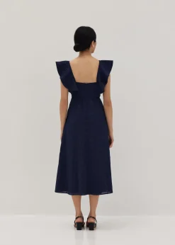Mae Padded Embroidered Ruffle Sleeve Dress