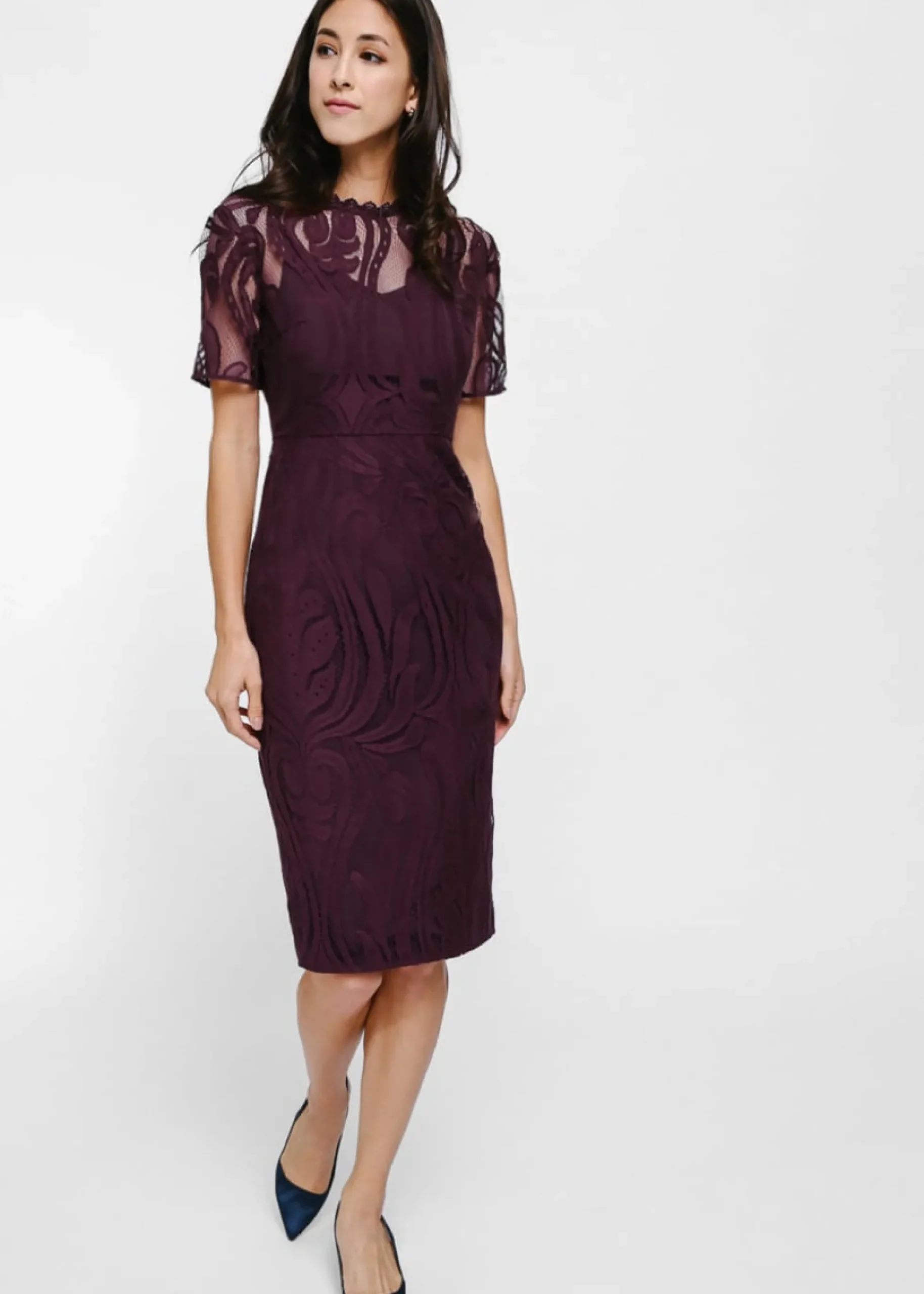 Maudine Lace Overlay Midi Dress
