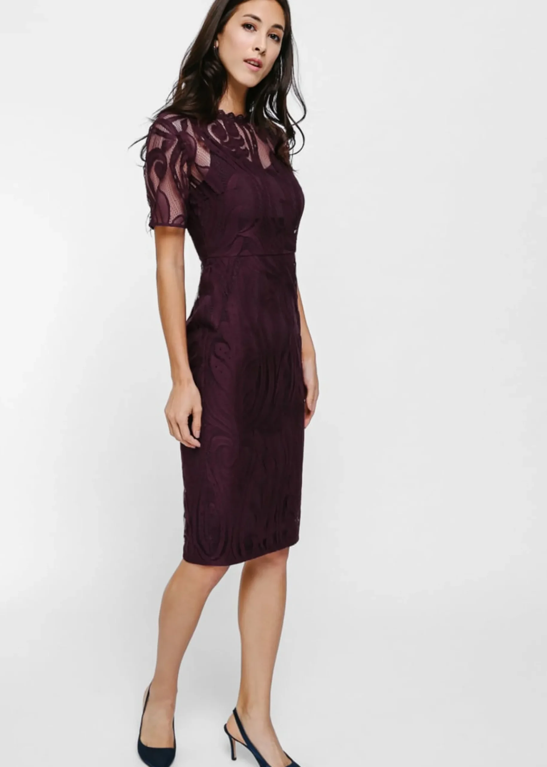 Maudine Lace Overlay Midi Dress