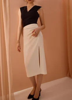 Mei Elastic High Slit Column Midi Skirt