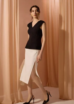 Mei Elastic High Slit Column Midi Skirt