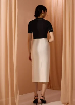 Mei Elastic High Slit Column Midi Skirt