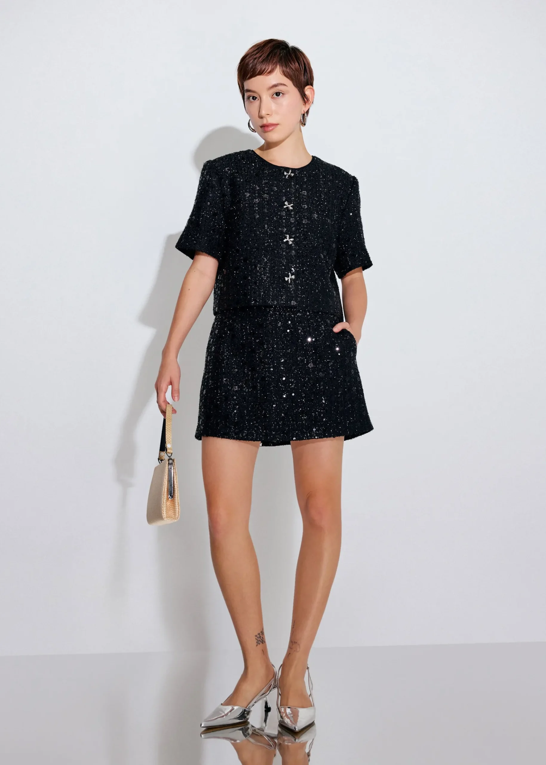 Meiyan Sequin Tweed A-line Mini Skirt