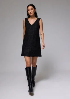Metallic Tweed V-neck Shift Mini Dress