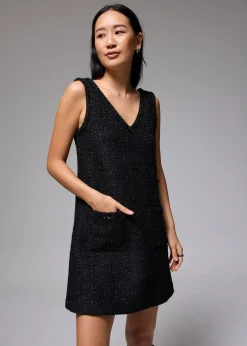 Metallic Tweed V-neck Shift Mini Dress