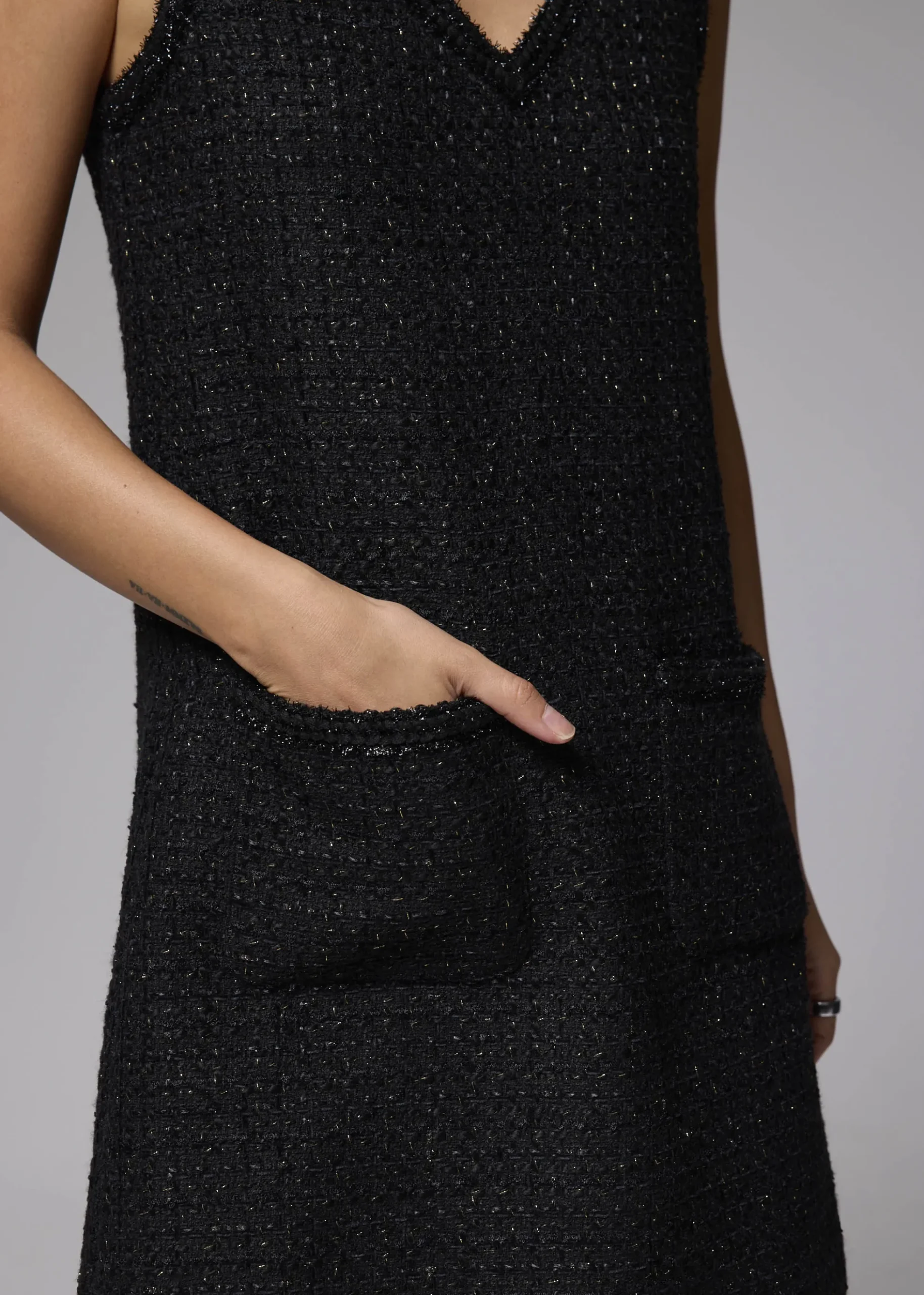 Metallic Tweed V-neck Shift Mini Dress