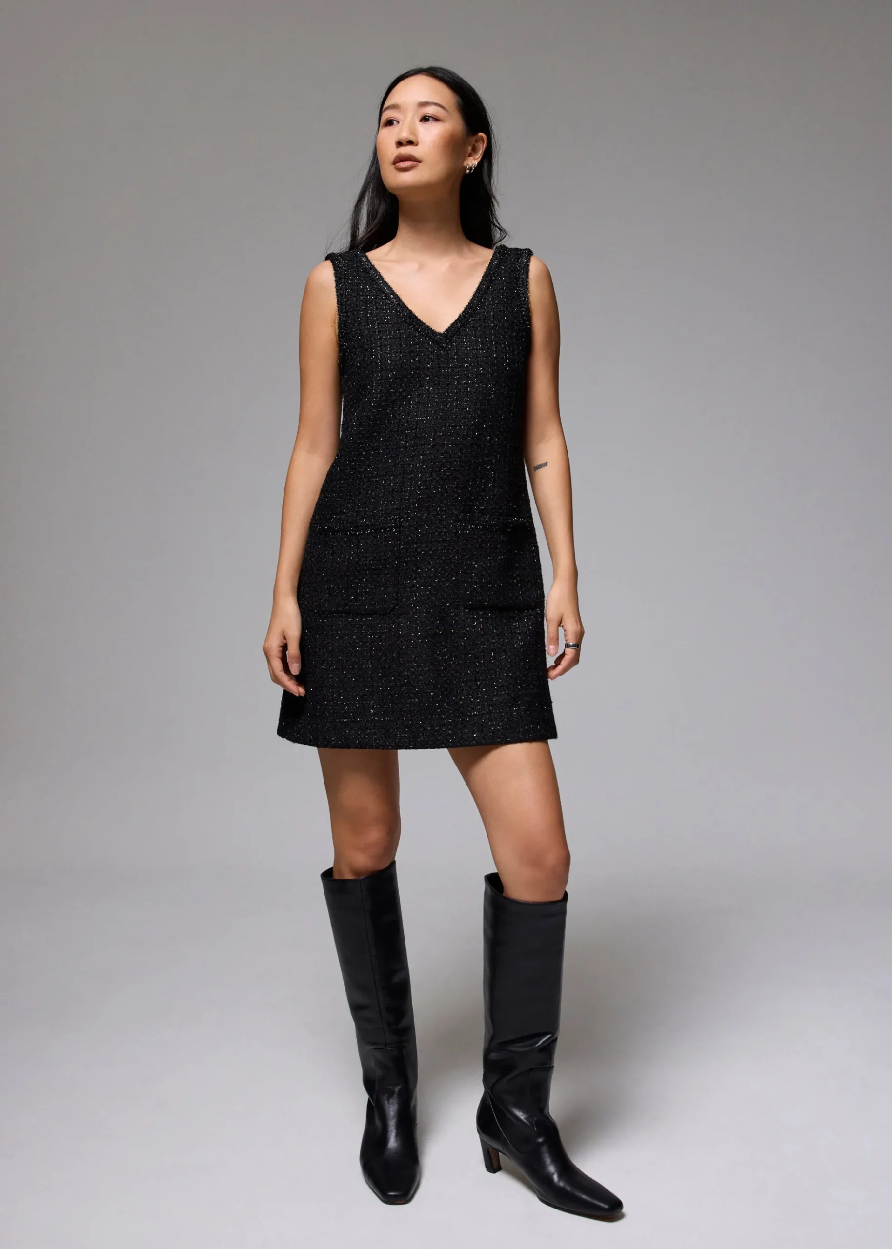 Metallic Tweed V-neck Shift Mini Dress