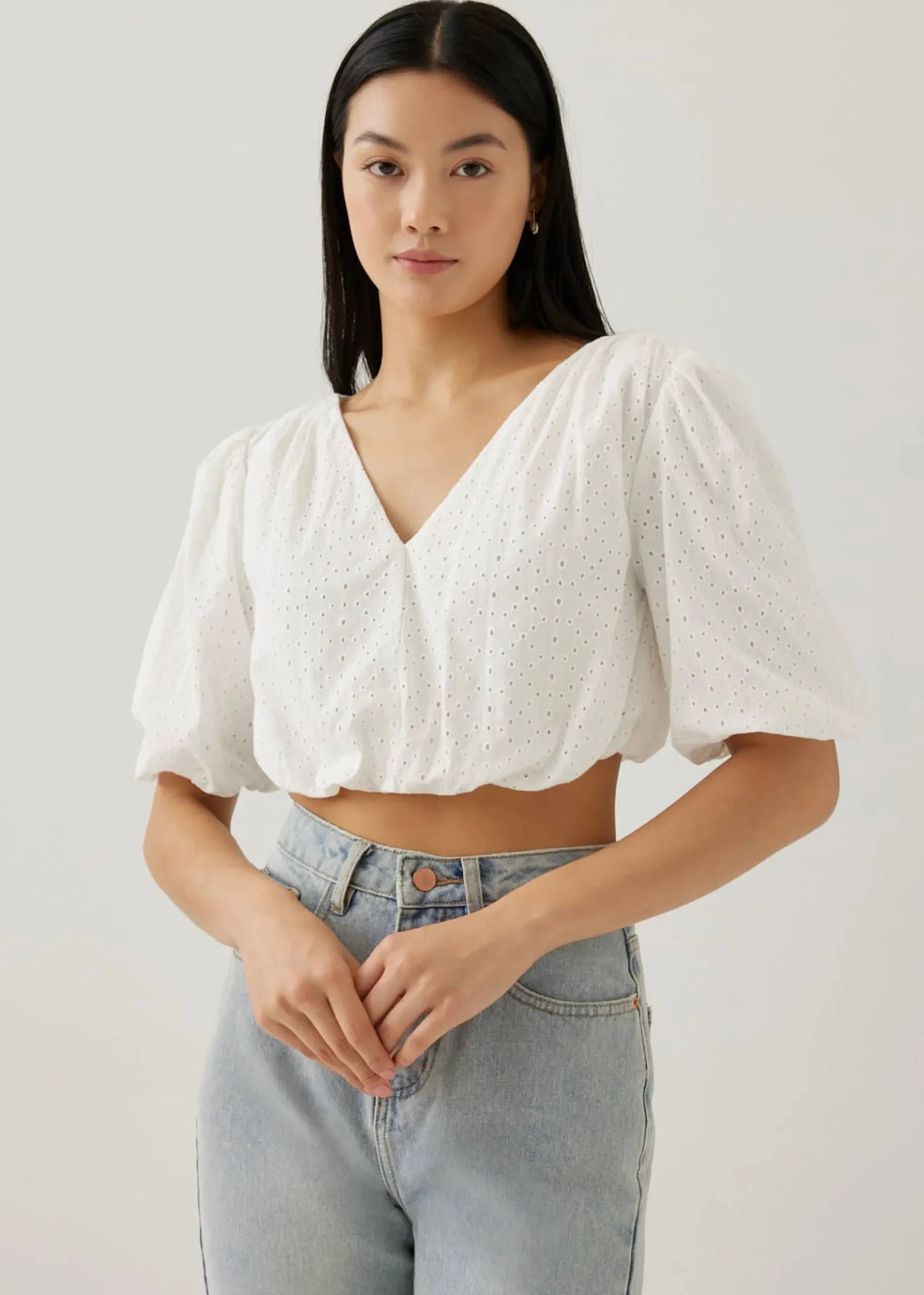 Milou Elastic Broderie Tie Back Blouse