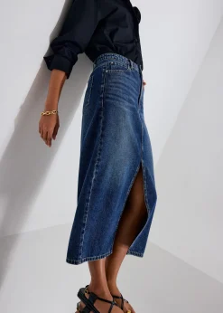 Minsi Denim Front Slit Column Midi Skirt
